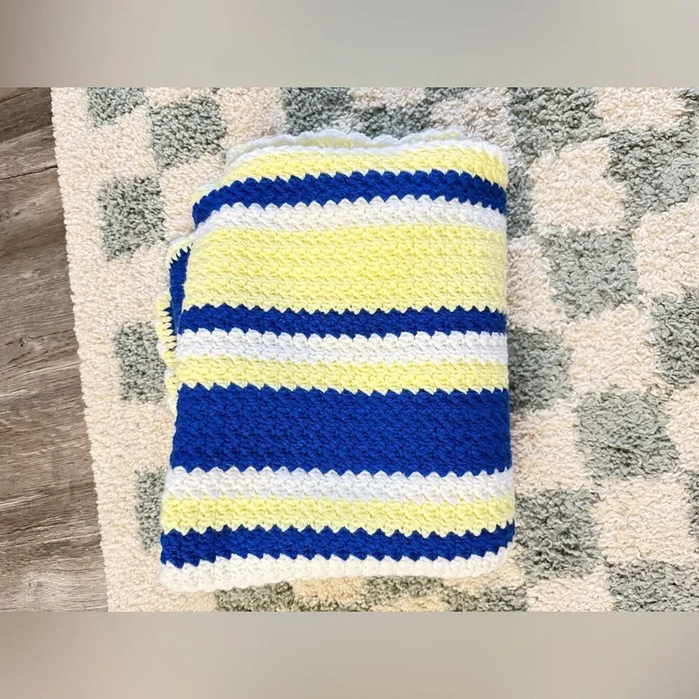 VTG Crochet Afghan Chevron Striped Blue Yellow Blanket Throw Michigan Football